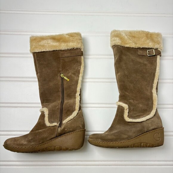Guess Boots By Marciano Jefter Faux suede fur y2k wedge 10M side zip gold hardwe - Picture 9 of 11